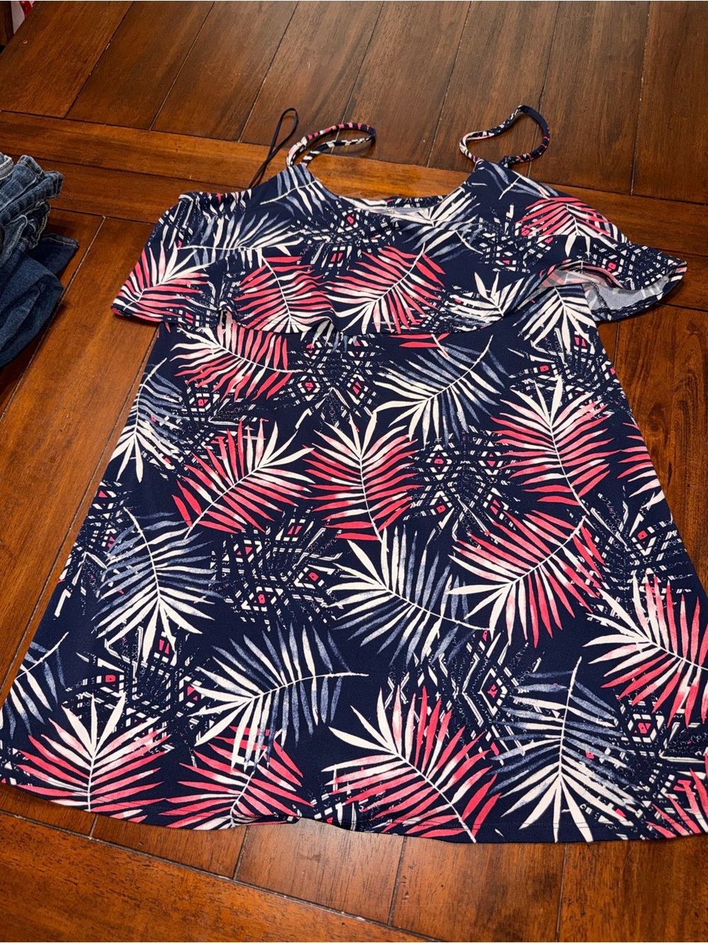 Express Navy Dress with Pink & White Palm Print Sundress